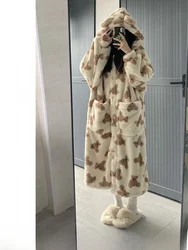 Adorable Bear Hooded Coral Fce Pajamas Women's Winter Thiened Fluffy Home Robe Youth Casual Home Long Sve Dr