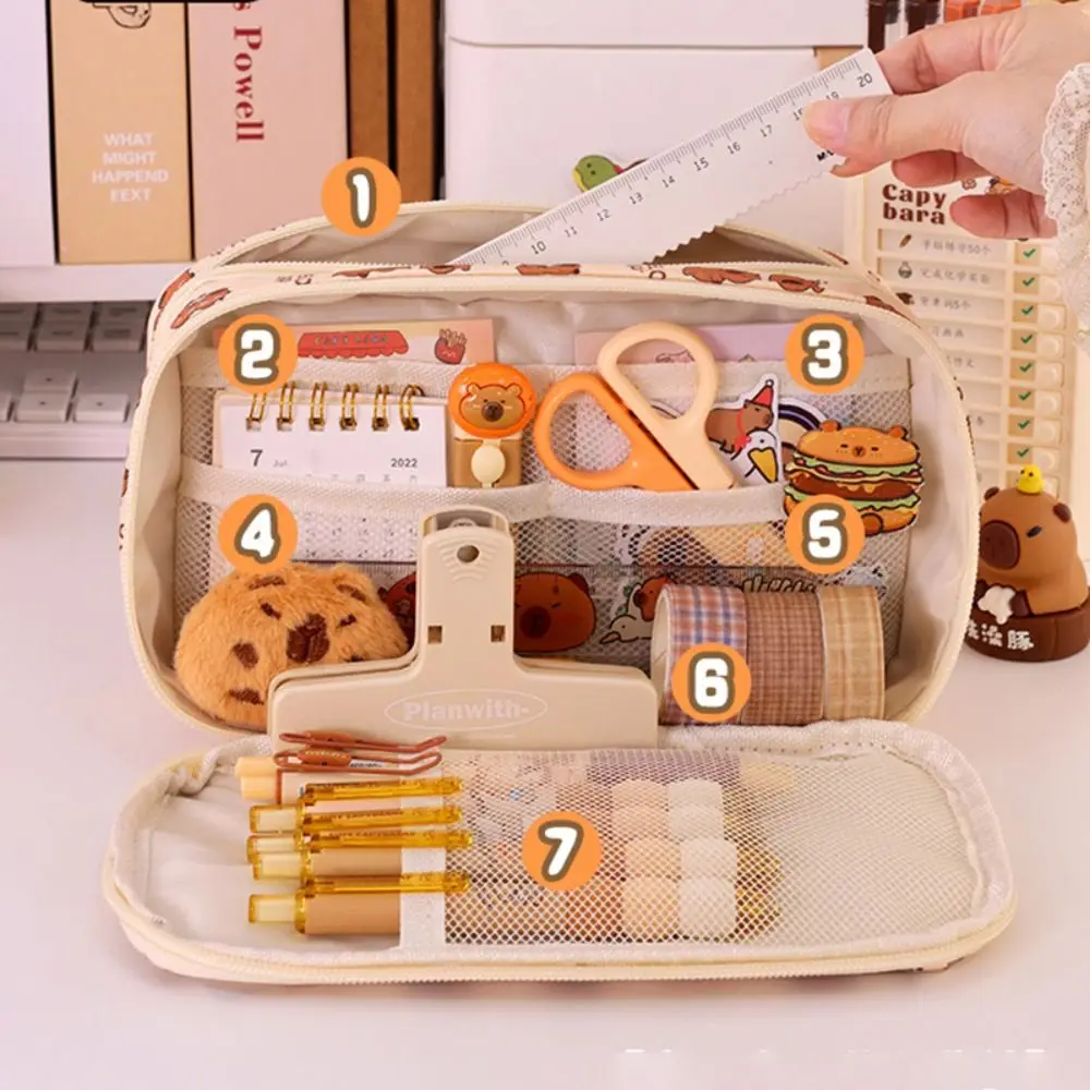 High Quality Cartoon Prints Pen Bag Capybara Large Capacity Stationery Storage Bag Dirt-proof Multi Layer Pencil Case Students