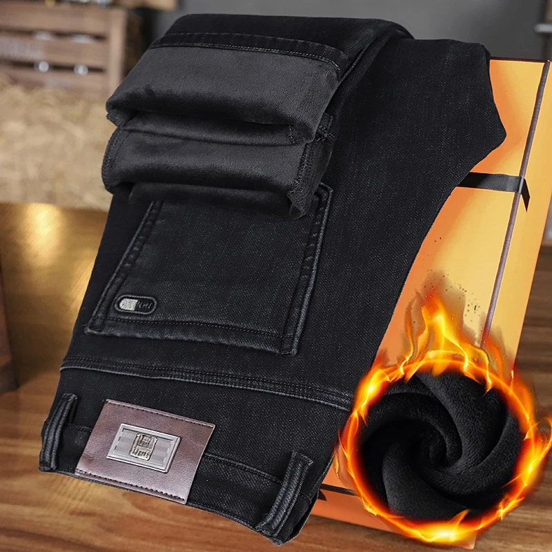 

Winter Men's Fleece Warm Jeans Fashion Business Casual Thick Wool Denim Trousers Plush Lined Pants