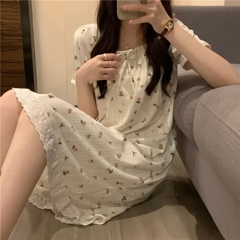 Floral Nightgowns Women Summer Popular Schoolgirls Midi Sleepwear Loose Cute Square Collar Elegant Simple Korean Style Lounge