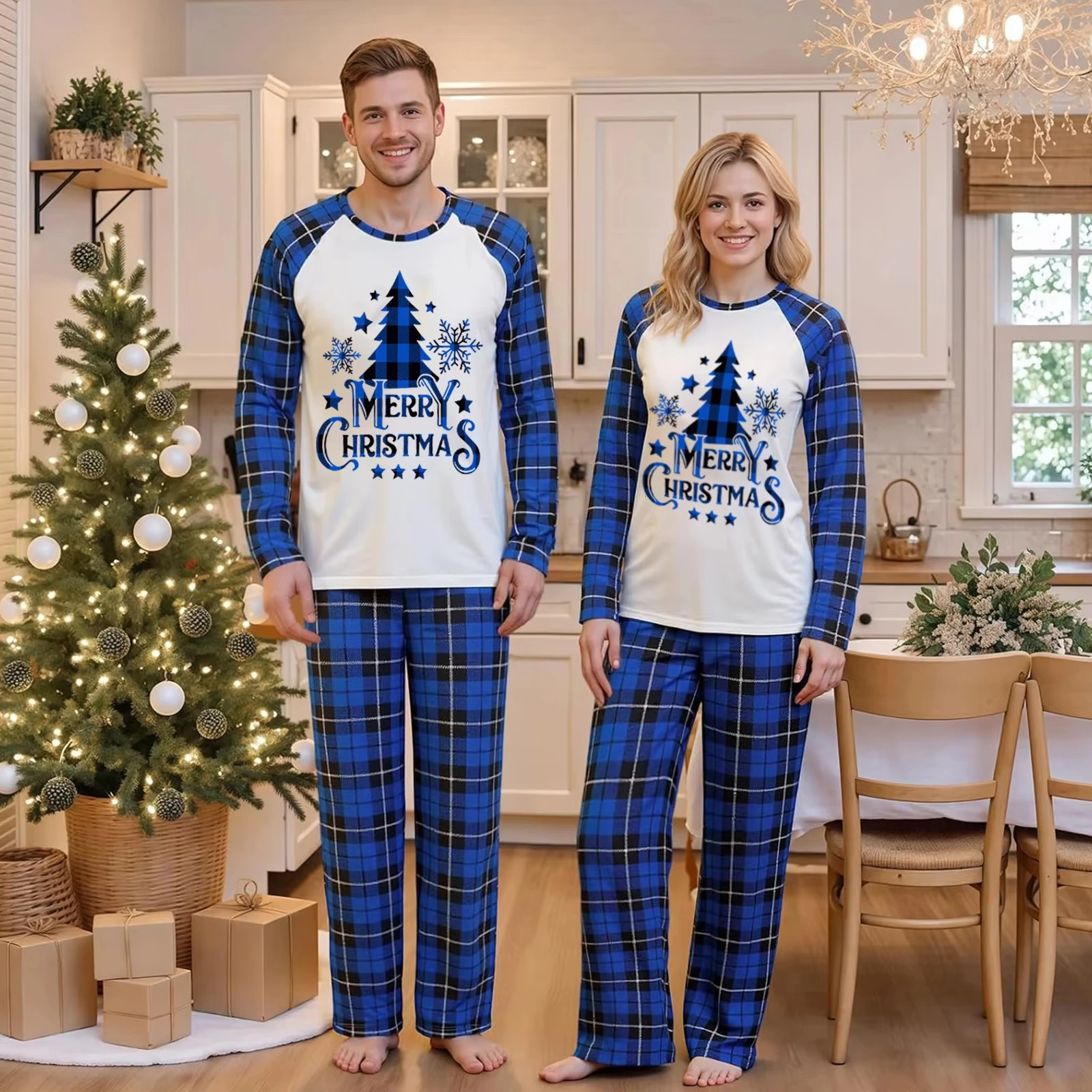 New Xmas Gift for Adults Kids Christmas Tree Print Blue Pajamas Set Family Matching Outfits Long Sleeve Homewear Baby Romper Pjs