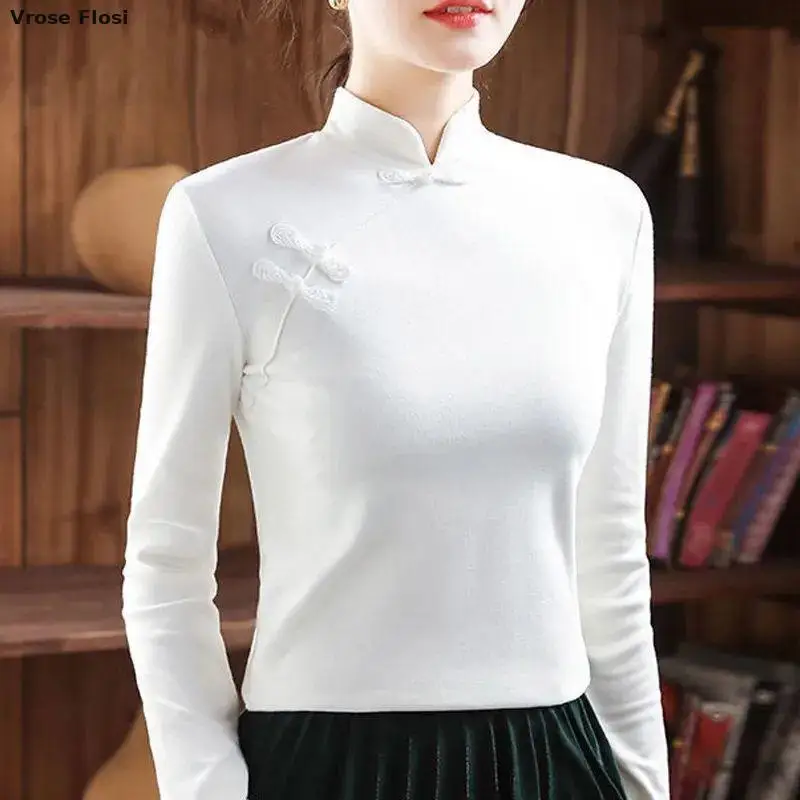 Cheongsam Women\'s Plus Size Stand Collar Tops 2023 Winter Cotton Blend Pure Color Long Sleeve Chinese Style Qipao Shirts Woman