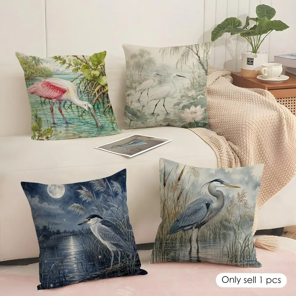 Marsh Heron Watercolor Cushion Cover Soft Short Plush Pillow Cover Smooth Cozy Texture Aesthetic Cushion Case Home Decor