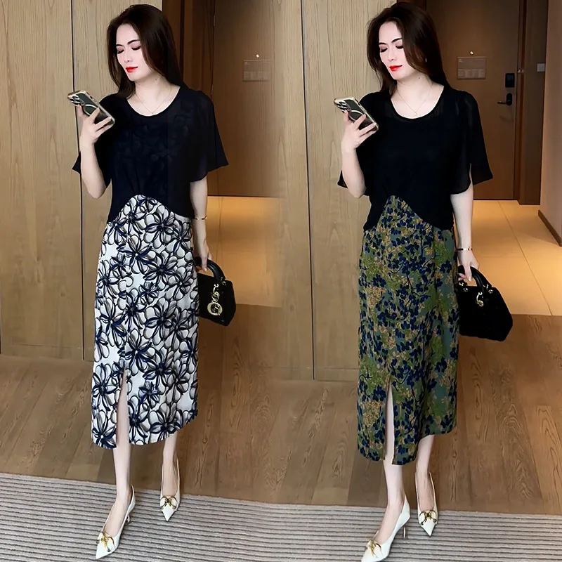 Fashion Ice Silk Dress Women2024Summer New Western Temperament Slimming Sun Protection Shirt Printed Vest Skirt Two-Piece Set