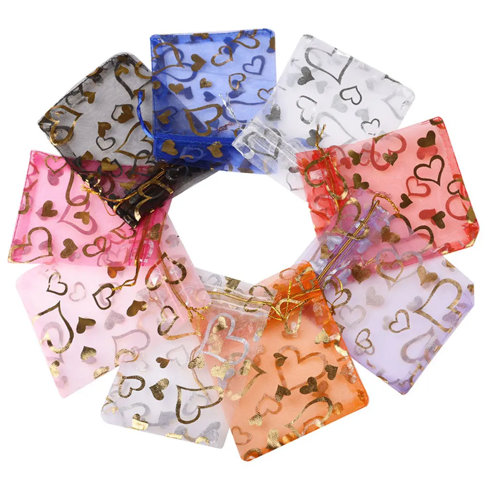 50pcs/lot Gold Color Heart Jewelry Bag Organza Gift Bag Colorful Gifts Pouches Wedding Christmas Party Candy Jewelry Packing