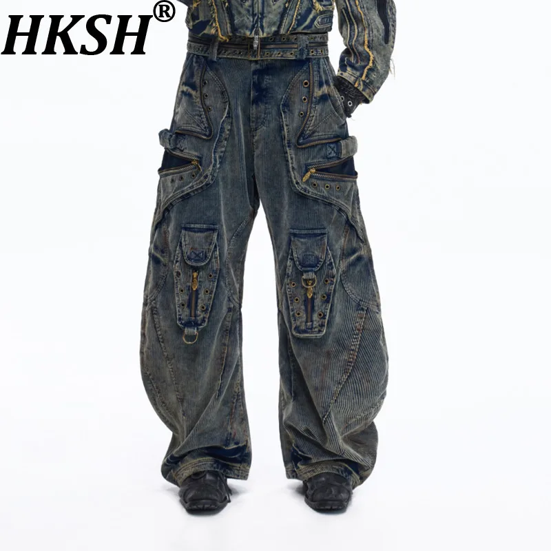 

HKSH Spring Autumn New Men Safari Style Vintage Corduroy Multi-pocket Zippers Sashes Fashion Trendy Wide-Leg Cargo Pants HK16707