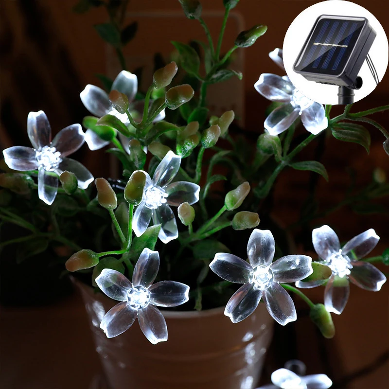 5/7/12M Solar Fairy String Light Sakura Garlands Peach Flower Cherry LED Lamp For Christmas Wedding Party Garden Outdoor Decor