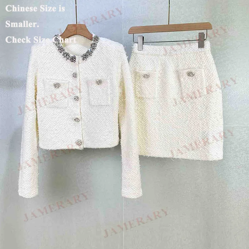 

Autumn Winter Luxury Diamond Two Piece Set Women Cardigan + Short Skirts 2pcs Outfits Single Breasted Mini Dresses Knitwear