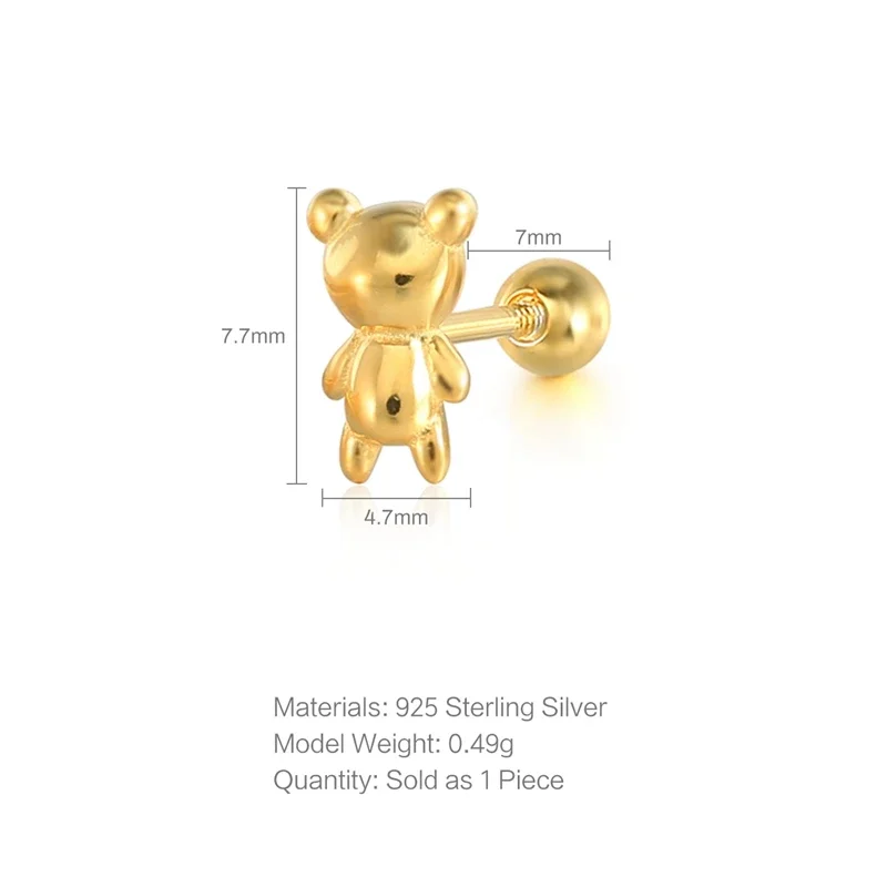 Aide 925 Sterling SilverCute Small Golden Bear Stick Earpost Spiral Stud Earrings For Women Classic Fashion Ear Bone Earring 1pc