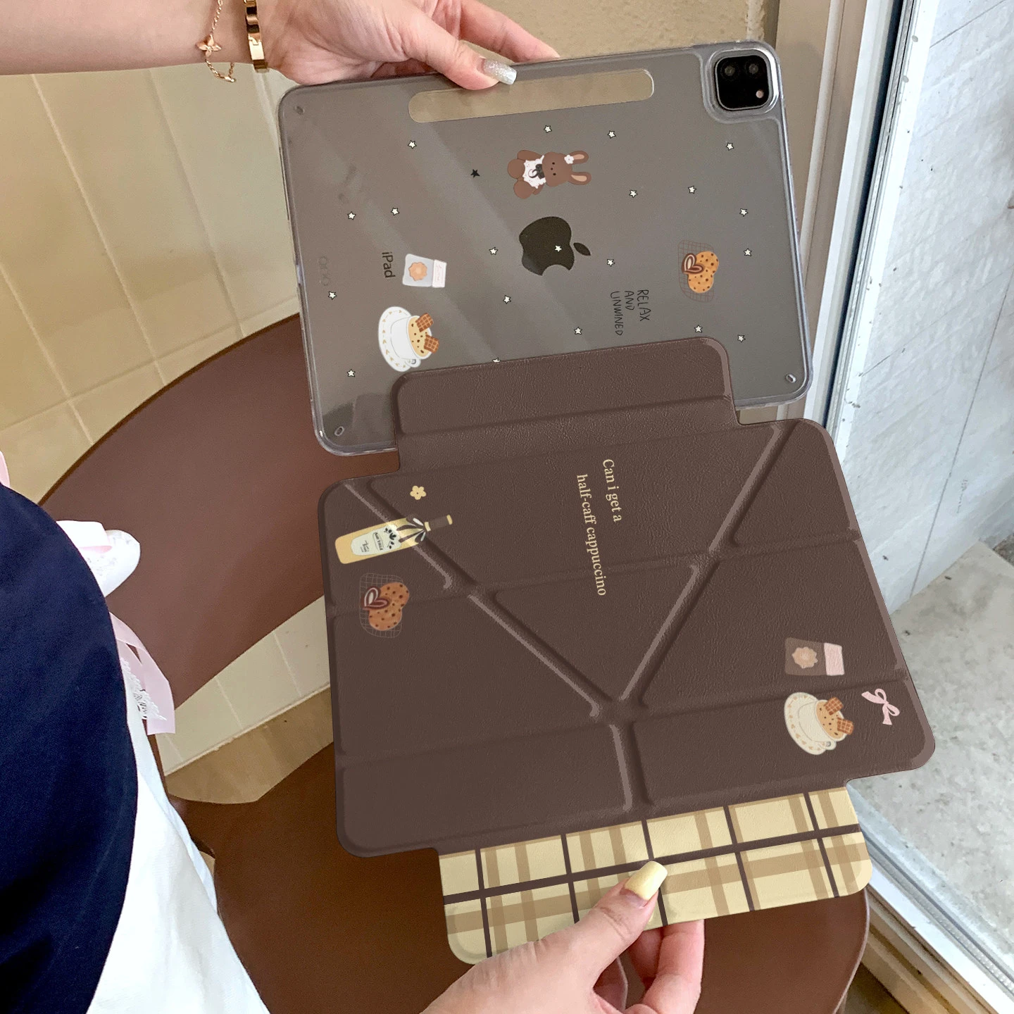 Cute Rabbit Grid Brown Tablet Case For iPad Pro 11 12.9 13 A16 M2 M4 M3 M5 Shell 8.3 9.7 5/6/7/8/9/10/11th Mini Air 3 4 5 Cover