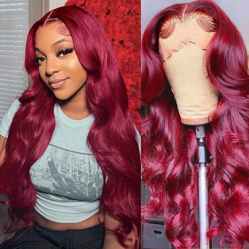 

99j Burgundy Lace Front Wigs Human Hair Glueless Wine Red Colored Body Wave Pre Plucked 180 Density 13x4 Frontal Wigs for Women