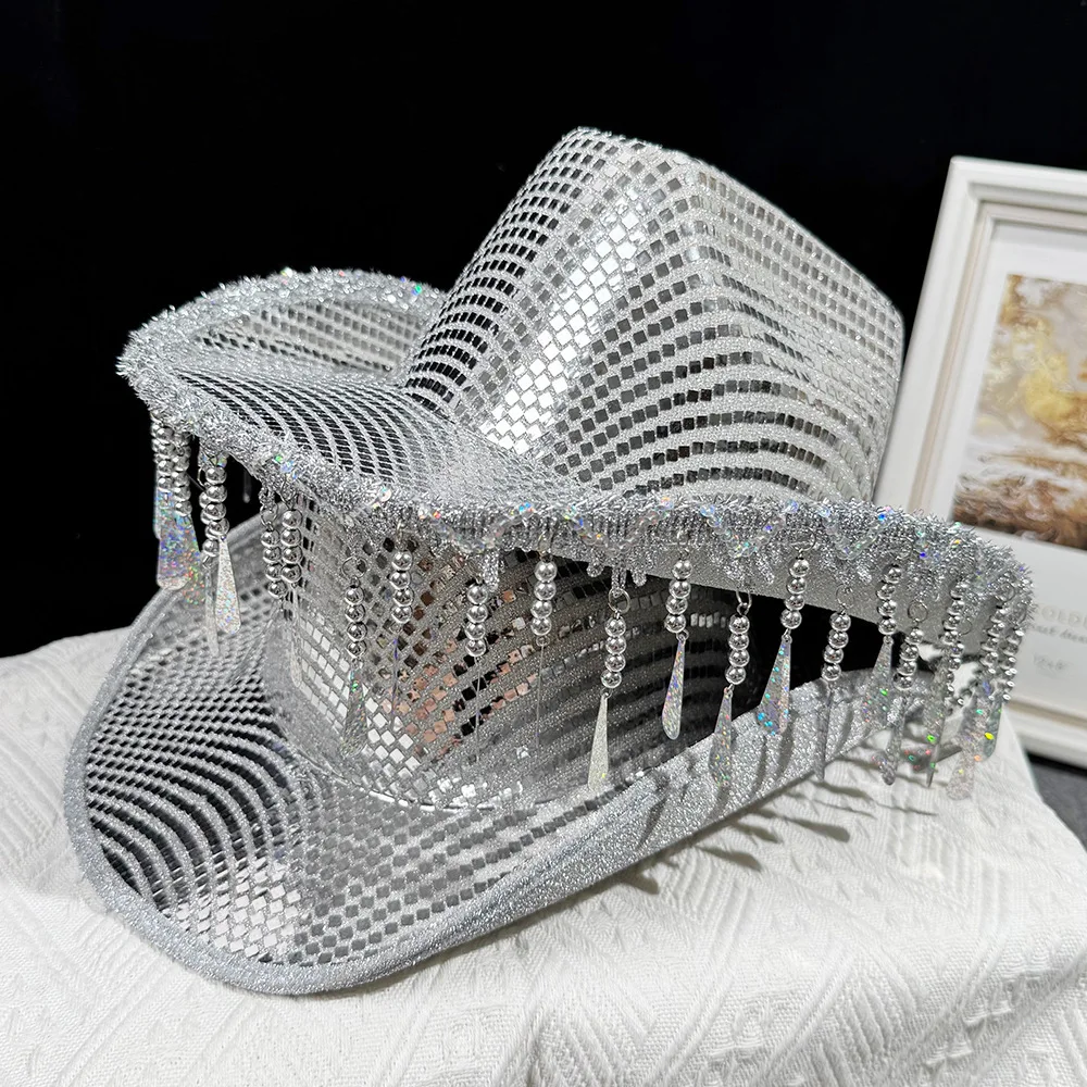 

HongLuan серебристая блестящая костюмная шляпа с блестками и ковбойские шляпы для диско для женщин, ковбойские женские аксессуары для косплея и кепка в стиле пастушки