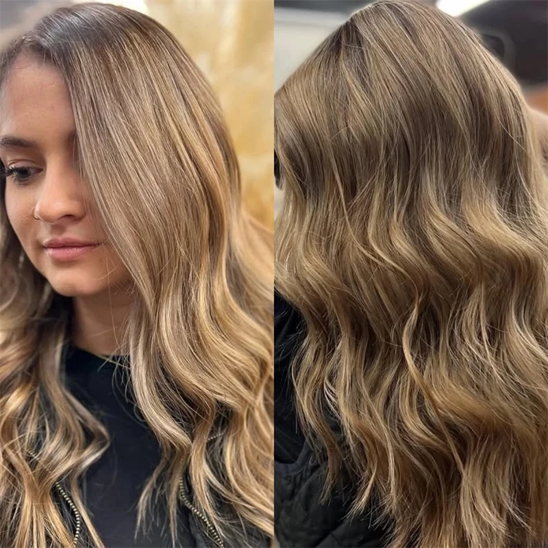 

Ombre Пепельно-русый с коричневыми полосками Высококачественный синтетический парик спереди, предварительно выщипанная линия волос с детскими волосами, 28-дюймовая объемная волна