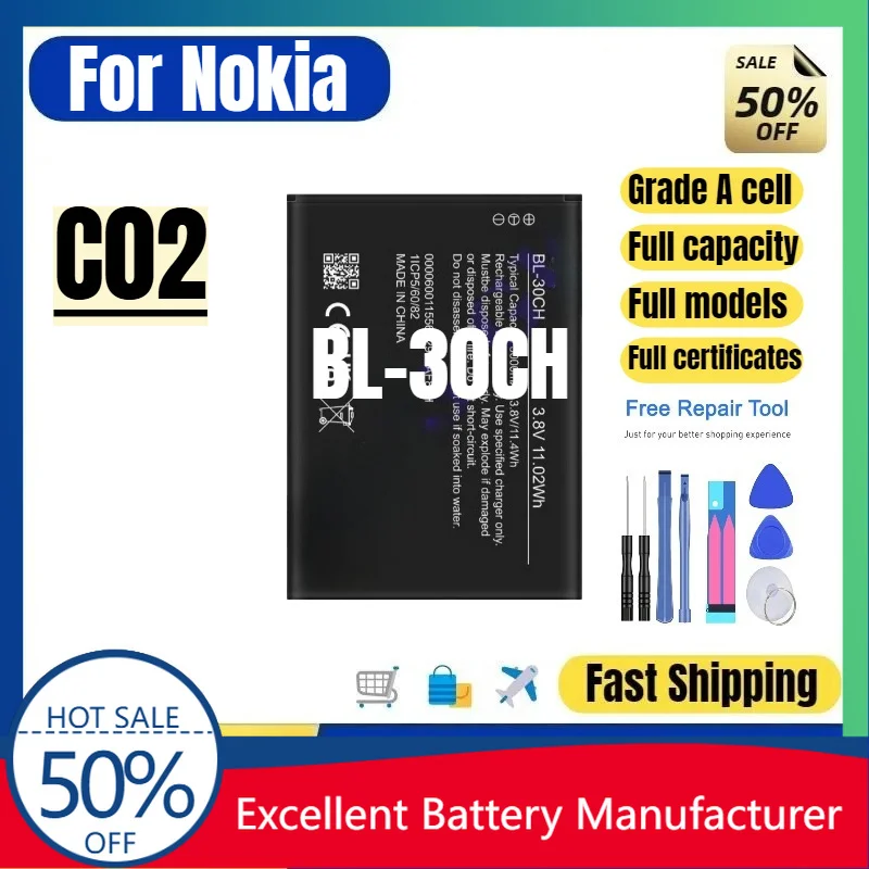 0 Cycle BL-30CH Battery for Nokia C02 Mobile Phone High Quality Replacement Grade A Lithium Polymer Bateria Pack with Tools