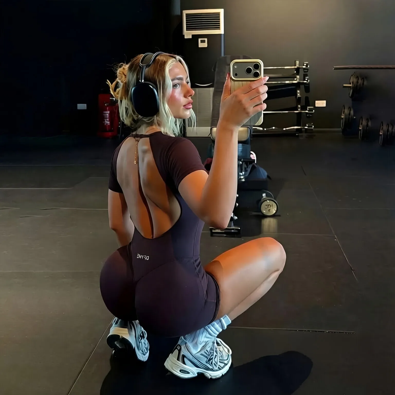 DF L0G0 Short Sleeve Seamless Yoga Bodysuit Backless Built-in Bra One Piece Romper Tummy Control Butt Lift Squat Proof Gym
