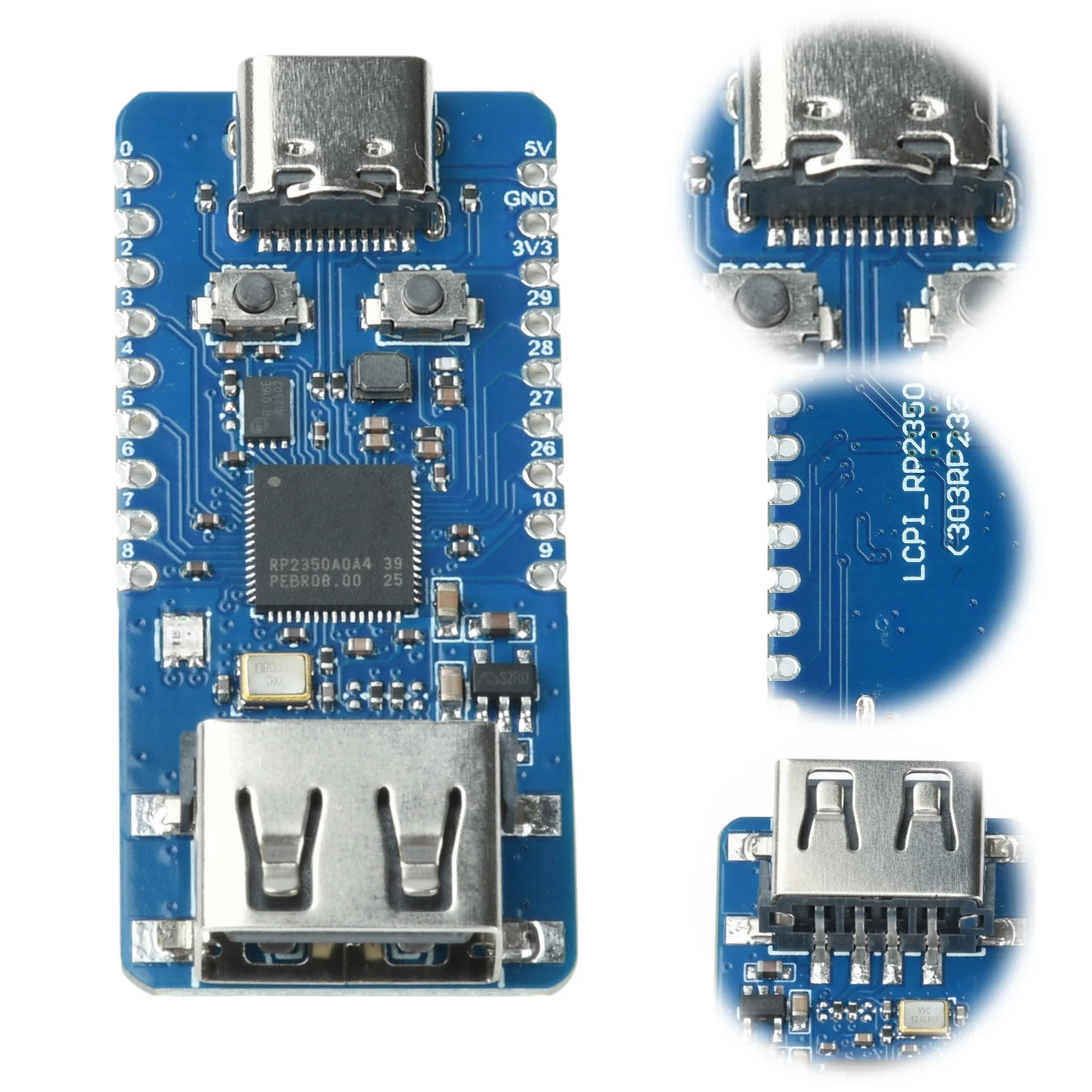 RP2350A Microcontroller USB-A Expansion Type-C Power W25Q16 Onboard Flash Breakout Castellated PCB Design