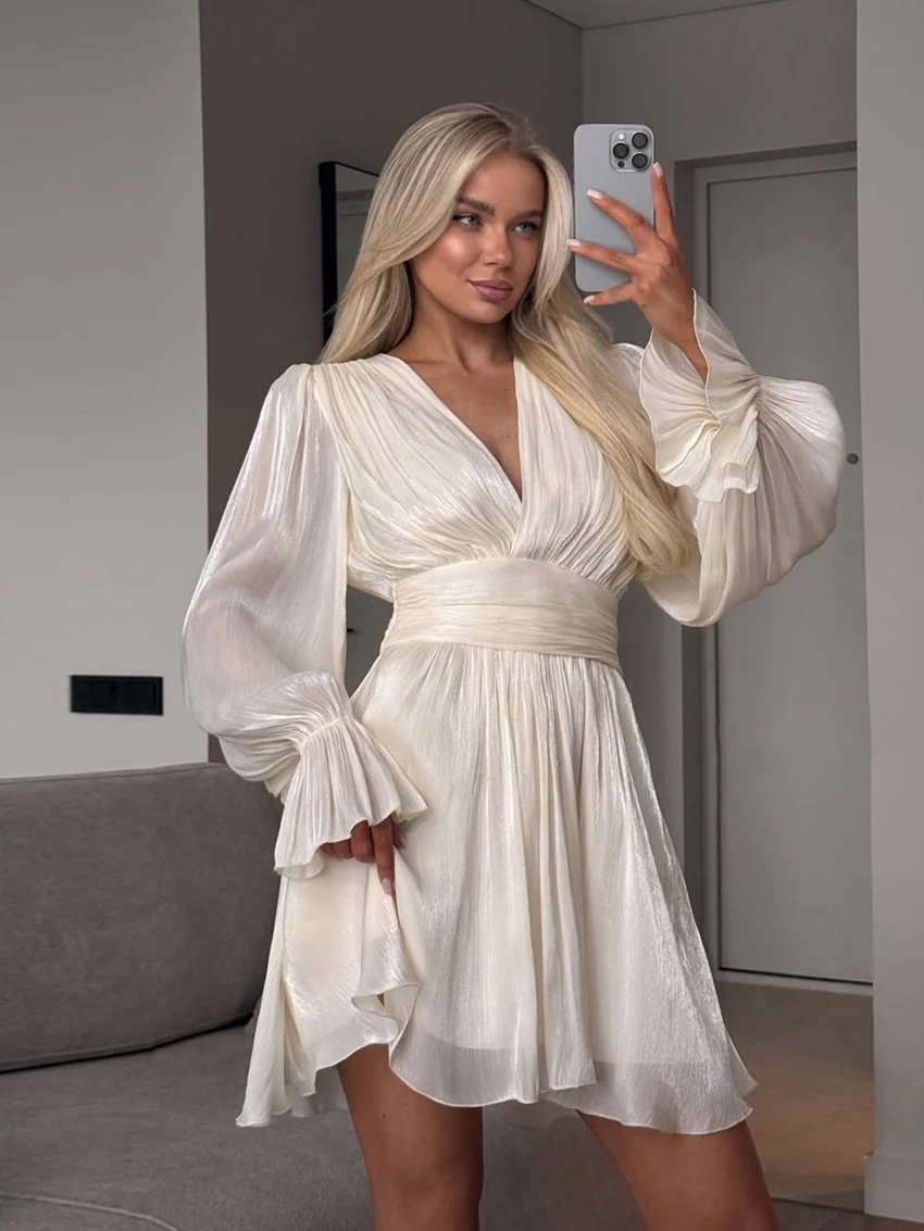 

Marthaqiqi Elegant Winter Ladies Nightwear Long Sleeve Sleepwear Sexy V-Neck Nightgown Fashion Mini Dress Beige Female Sleepwear