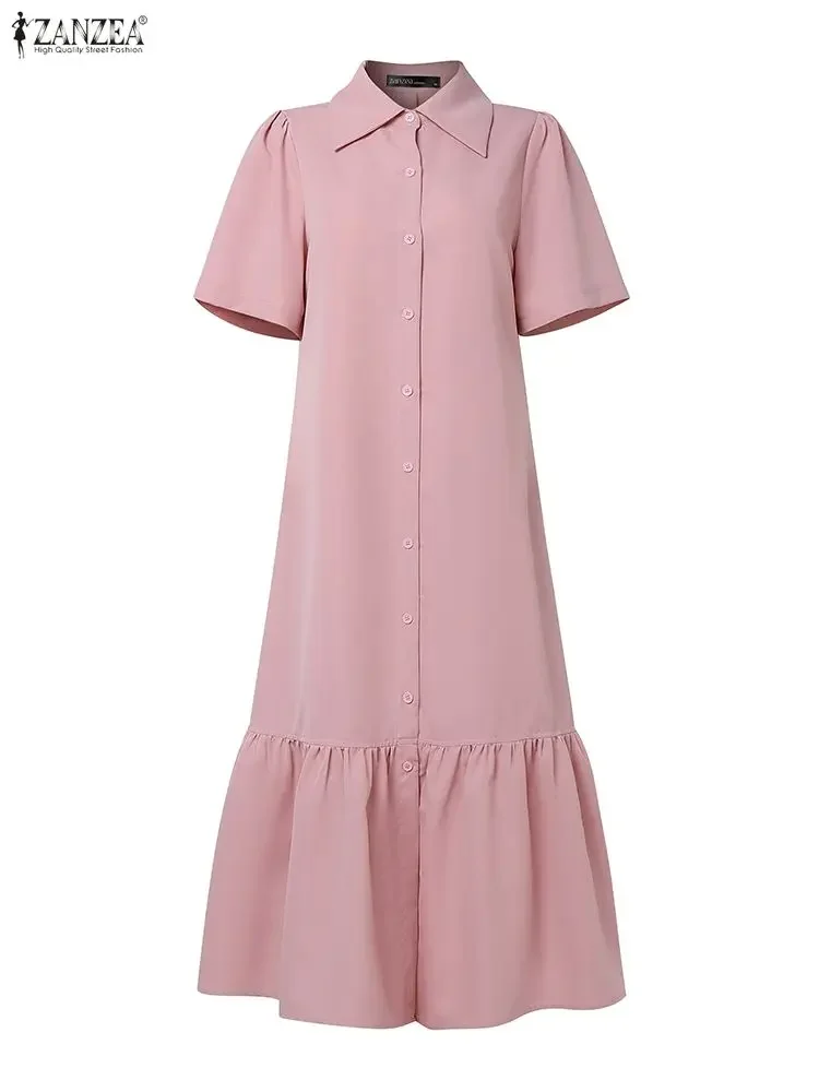 ZANZEA Moda Donna Abiti Midi Elegante Manica Corta Orlo Increspato A-Line Colletto Camicia Camicia Primavera 2026 Donna Vestiti S-3XL