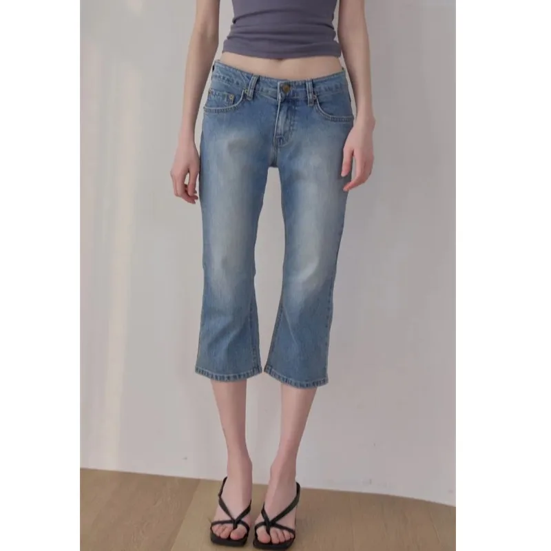 

Washed Denim Slim Fit Elastic Jeans Capri Pants High Waist Casual Style Standard Body Fit Four Seasons Cotton Non-Stretch