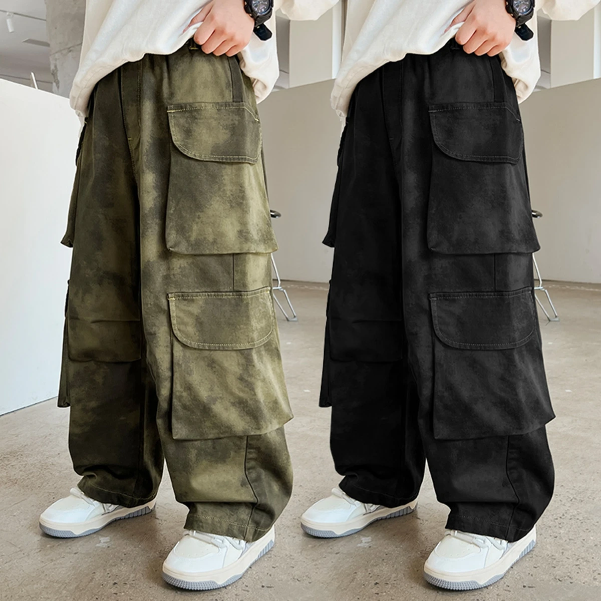 Retro Folded Cuffed Wide Leg Cargo Pants for Boys Teen Autumn Fashionable Multpocket American Style Long Trousers Kids Clothing