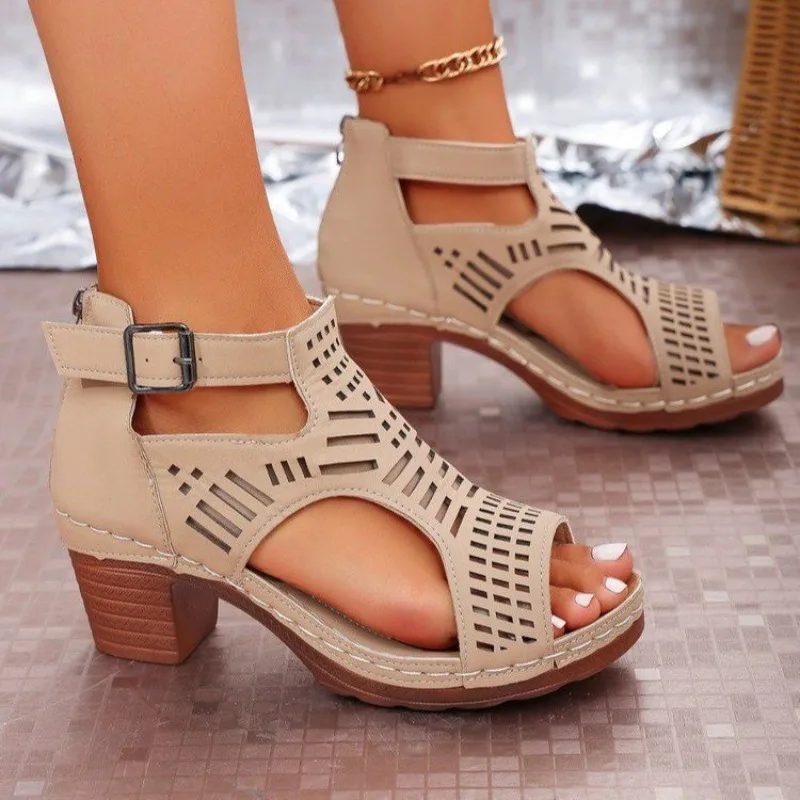 

Women Fashion Strap Sexy High Heel Sandals Woman Roman Hollow Pumps Lace-up Peep Toe Sandals Casual Chunky High-heeled Sandals