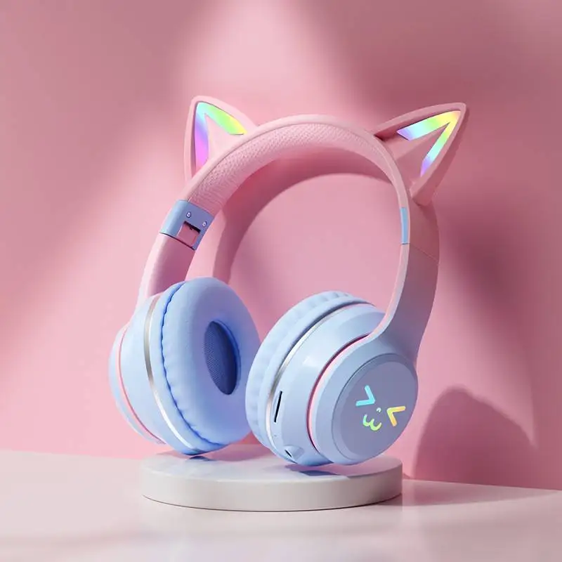 Gradiënt draadloze hoofdtelefoon RGB schattige kattenoor Bluetooth-oortelefoon met microfoon Stereo Muziek Game Oortelefoon Meisjes Kindergeschenken
