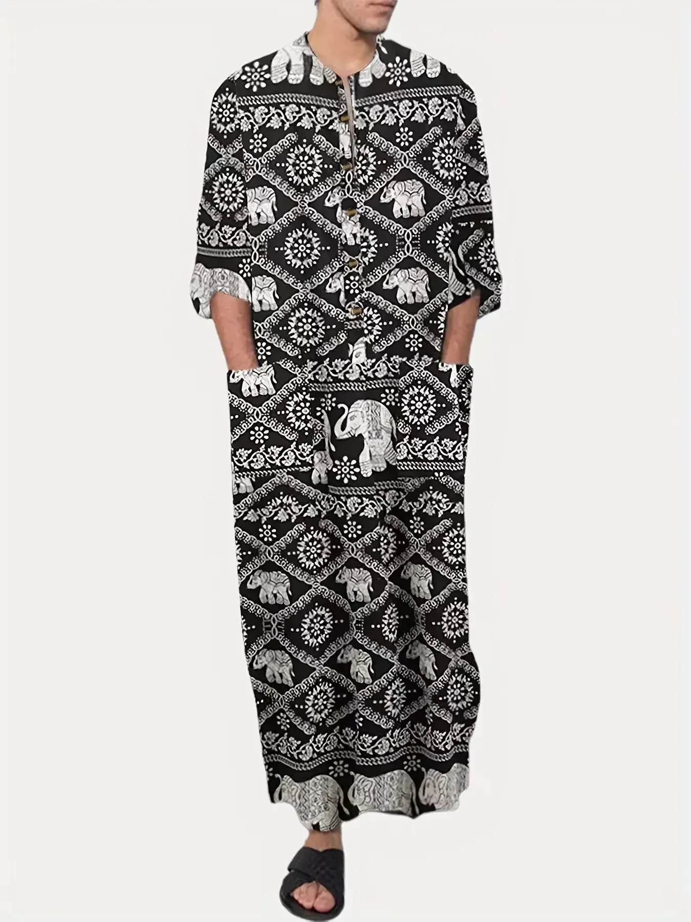 2026 Men Muslim Robes Ethnic Print Long Sleeve Pockets Loose Casual Robe Abaya Islamic Arabia Kaftan Man Dubai Kaftan Abayas