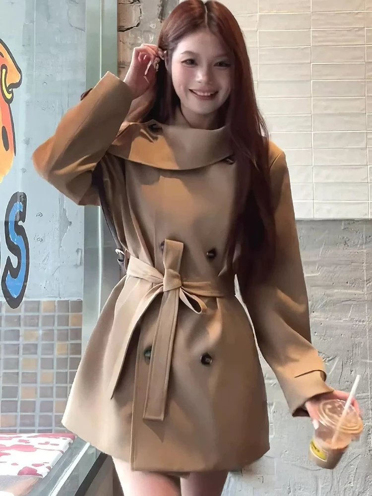 Double Breasted Trench Coat for Women Mid To Long Style 2026 Autumn and Winter New Item Lace Up Waist Jacket High-end Feel