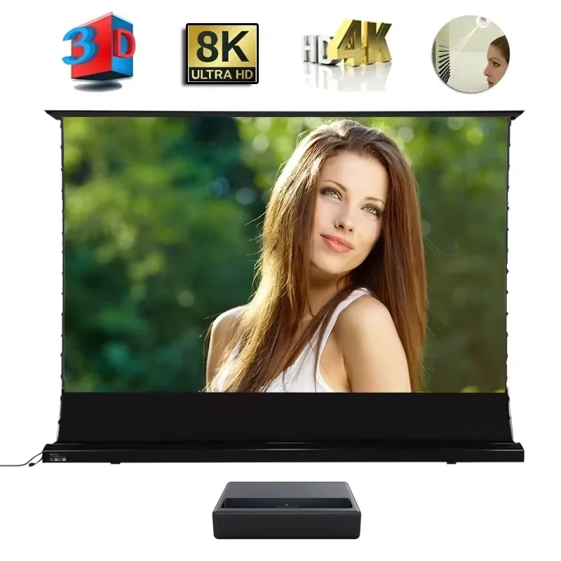 

2025 Hot 150 Max Electric Tab Tension Floor Rising ALR Projector Screen Ambient Light Rejecting Motorized for UST Laser TV 3D 8K