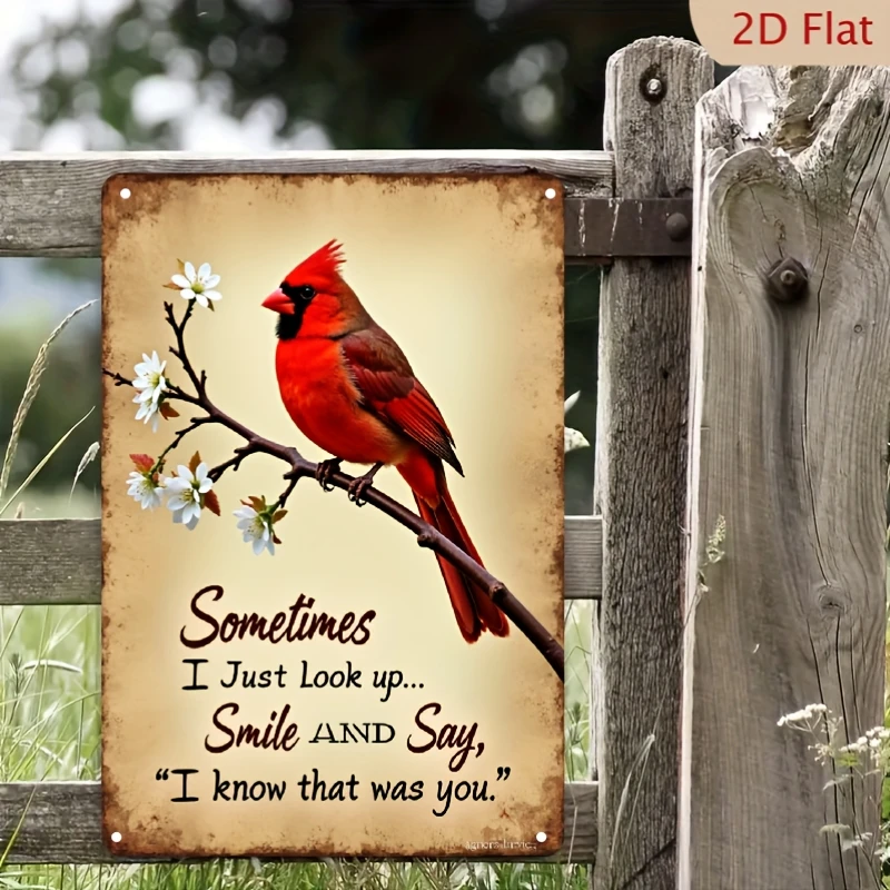 [2D Flat] Vintage Aluminum Metal aluminum Sign Wall Decor- 12x8inch Vintage Red Cardinal Bird and Floral Pattern