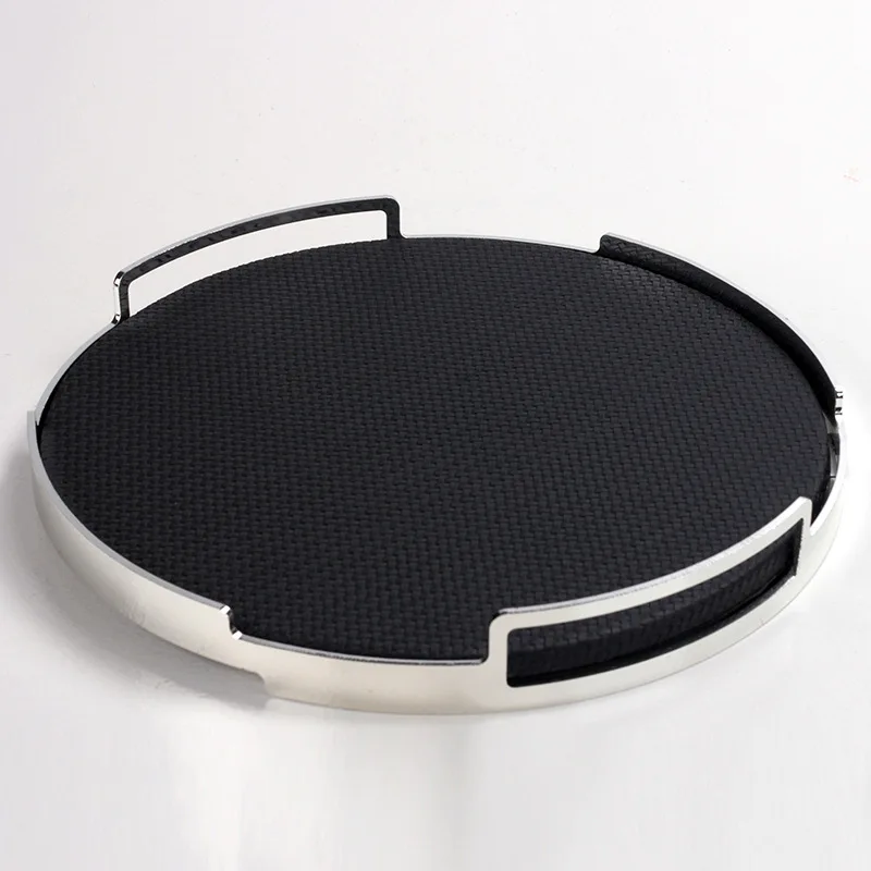 Nordic style leather handle, metal round tray, living room, bedroom storage tray, home soft decoration ornaments