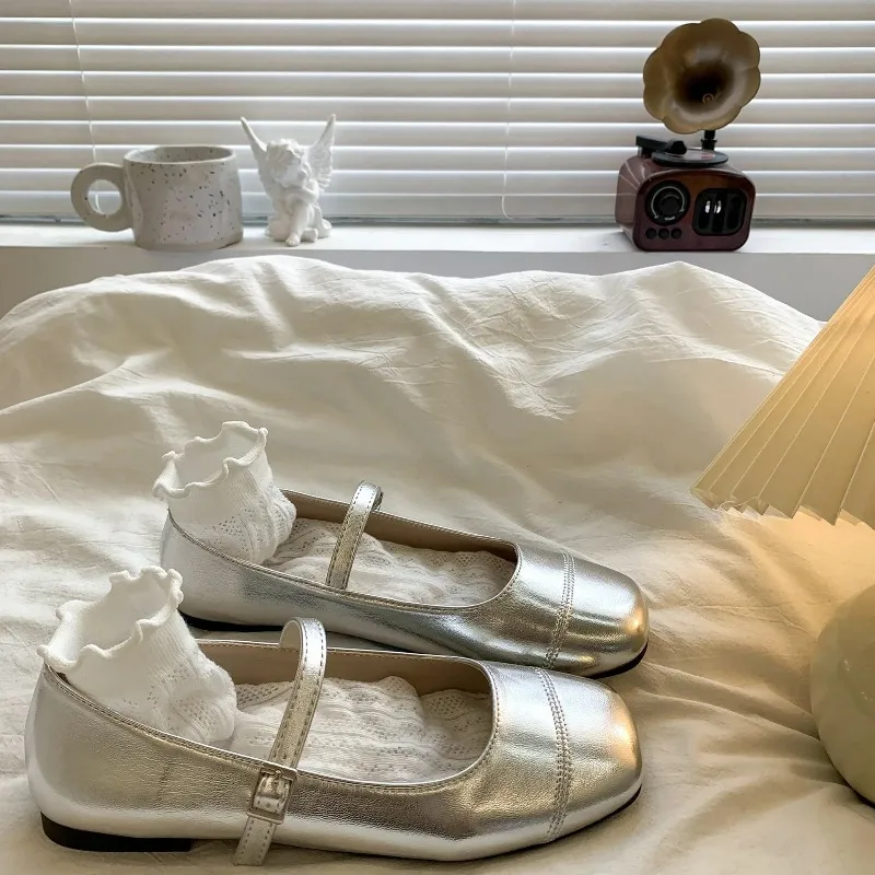 Children's Leather Shoes Silver Flat Bottom Mary Jane Flats Girl's Shoe Spring Autumn Season Korean Style Round Toe Slip-On