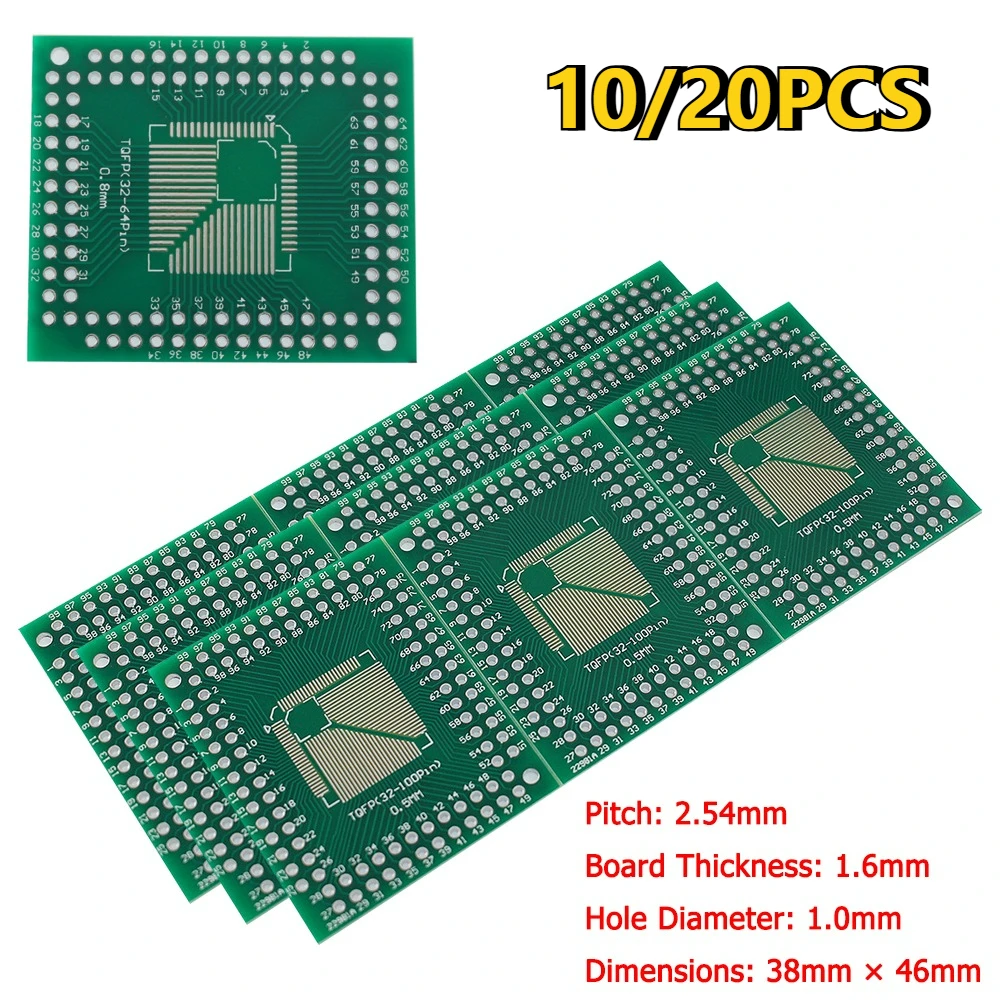 10/20 piezas adaptador placa PCB SMD FQFP TQFP 32 44 64 80 100 LQFP SMD interruptor DIP 0,5/0,8mm Kit PCB