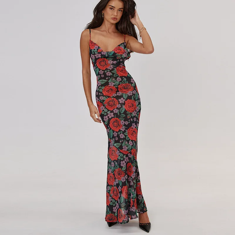 Vestidos con tirantes finos y estampado de flores para mujer, vestido largo ajustado a la cadera con temperamento, Vestidos ajustados sexys con espalda descubierta para mujer