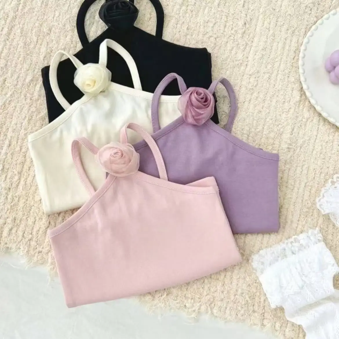 Korean Children's Sleeveless Camisole Summer New Three-dimensional Flower Girls' French Hanging Neck Top Camisole Girls T-shirt