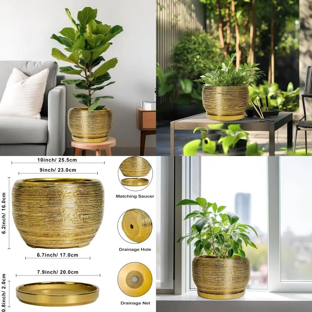 

Декоративный цветочный горшок 10 дюймов для дома и улицы с дренажем и поддоном, золотистое покрытие, идеально подходит для подарков на день рождения