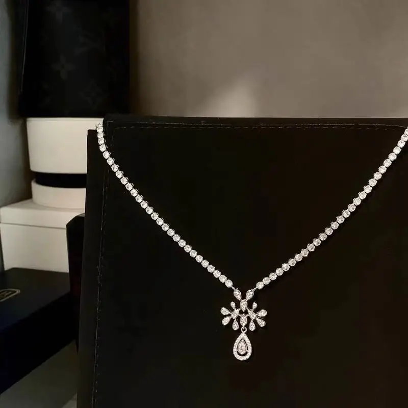 925 silver Korean-style fashionable creative wedding zircon flower necklace, bride's wedding banquet pearl raindrop zircon colla