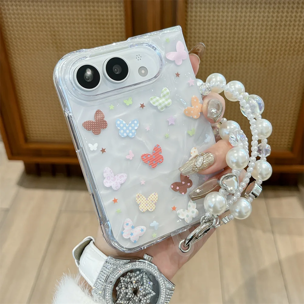 Cute Colorful Butterfly Star Print Phone Case For iPhone Duo Fold Water‑Ripple Shell Pearl Shockproof Hard Cover For Girls