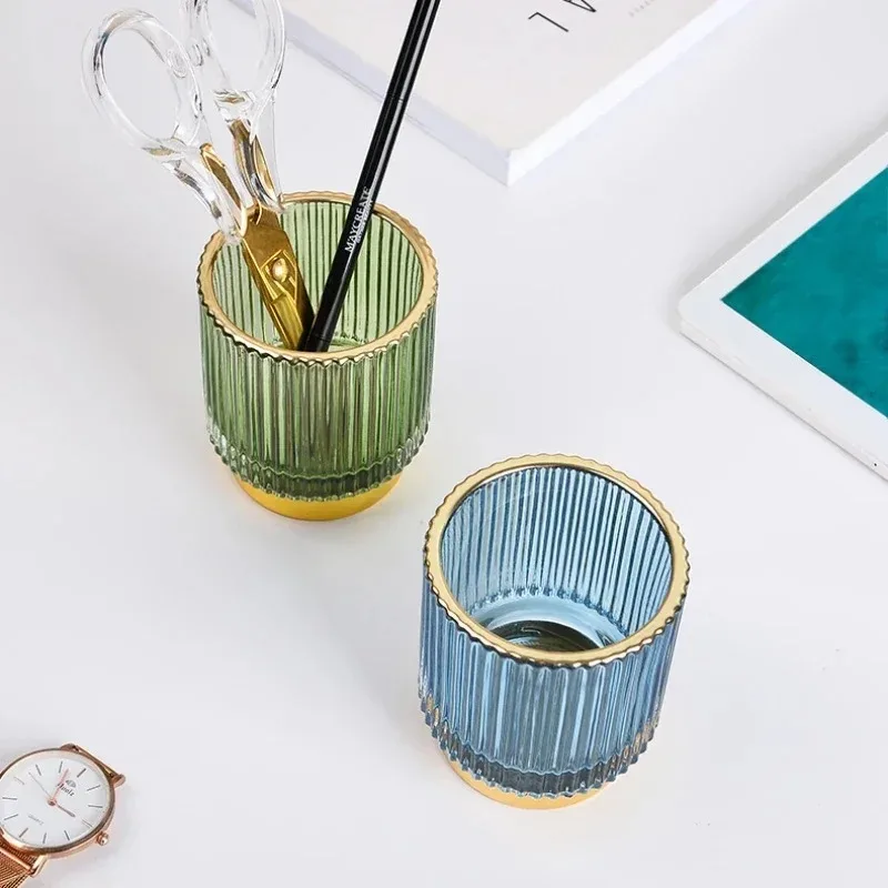 Gold Margin Thickened Glass Storage Bucket Pen Holder Cup Jewelry Storage Box Makeup Brush Organizer Pens Holder Flower Box