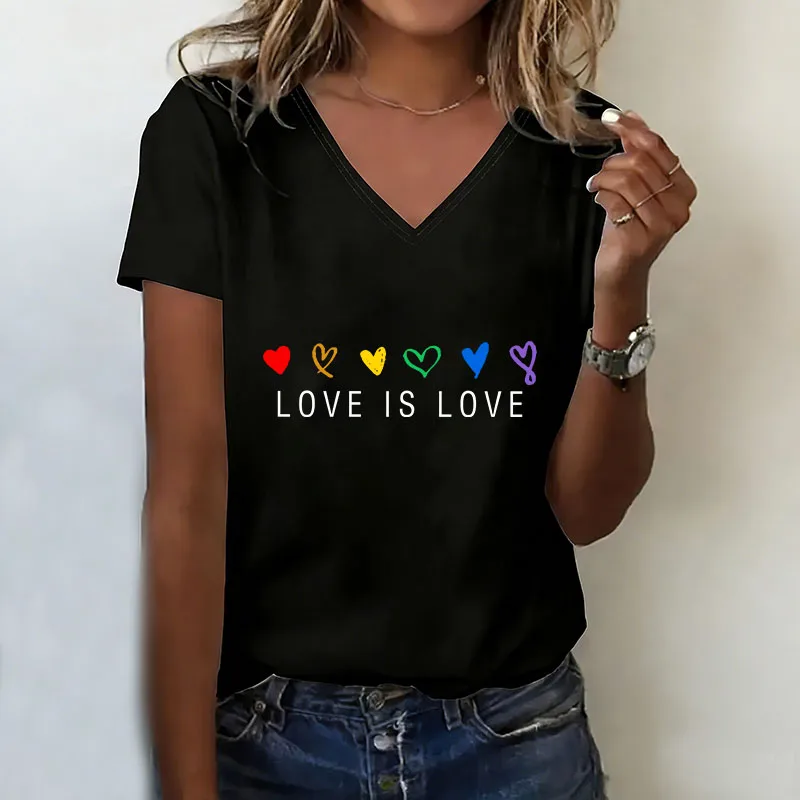 V-Ausschnitt Sommer Frühling Buntes Love Is Love Herz T-Shirt V-Ausschnitt Lässige Mode Y2k T-Shirts Damen Kurzarm Tee Shirt