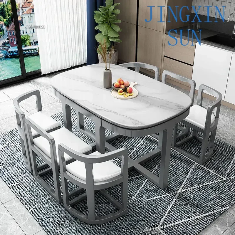 Home Furniture Simple Space Saving Solid Wood Dining Tables Rock Board Dining Tables and Chair Set Rectangular Kitchen Table