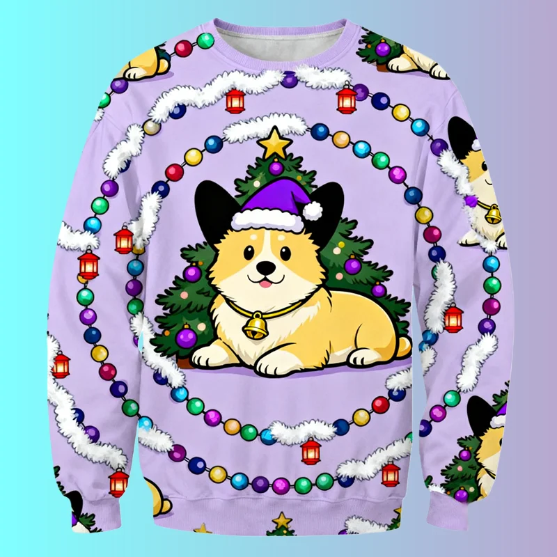 

2026 New Cute Corgi Graphic Ugly Christmas Sweater Trendy Holiday Wear 3D Printed Sweatshirts Casual Oversized Mens Pullovers