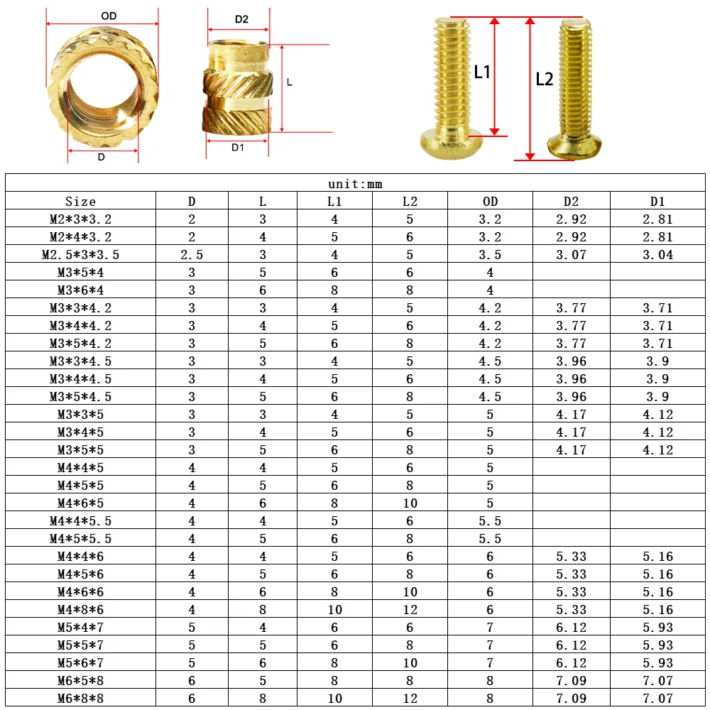 M2 M2.5 M3 M4 M5 M6 Brass Heat Threaded Insert Nut and Screw Bolt Set Knurled Hot Melt Laptop Notebook Insertion Nut 3D Printer