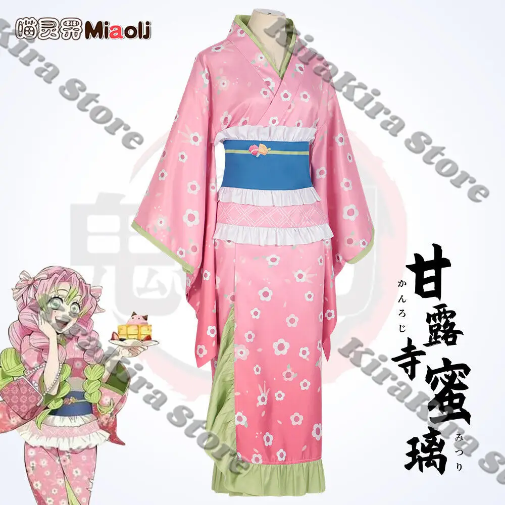 Kanroji Mitsuri Kimono Outfit Demon Slayer Cosplay Pak Kleding Anime Vrouwen Hallowmas Party Kostuums Rollenspel Kleding