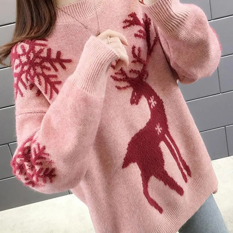 2023 Herbst Winter neue Cartoon Weihnachten Elch lässig gestrickte Pullover pendeln elegante einfarbige dicke warme schicke O-Neck-Pullover