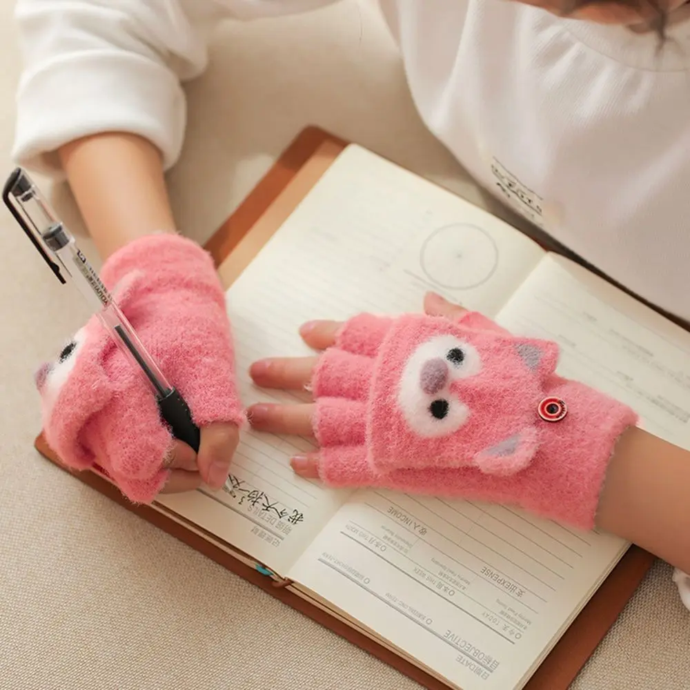 

Outdoor Thick Cat Ear For Kids Children Plush Flip Cover Gloves Half Finger Gloves Korean Knitted Mittens Children Gloves