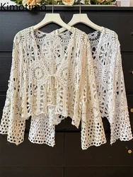 Kimotimo Hollow Hook Flower Thin Knitted Cardigan Women Boho Ethnic Style Long Sleeve Crop Tops Summer Outwear Lace Up Bow Shirt