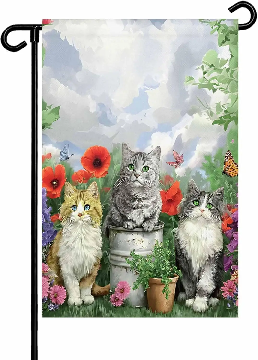 Spring Garden Cats Garden Flag 12x 18 Double Side, Farmhouse Animals Floral Botanical Garden Flags Outside House Flag Banner GGO