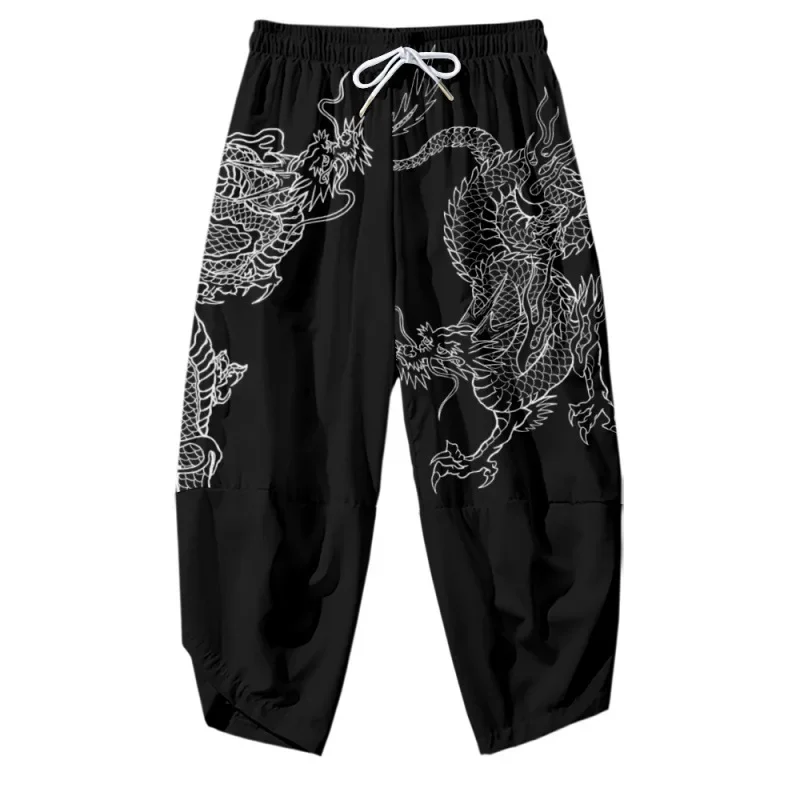 Anime Dragon Printed Black Men Japanese Harem Trousers Casual Elastic Waist Kimono Cropped Pants boys cosplay costume