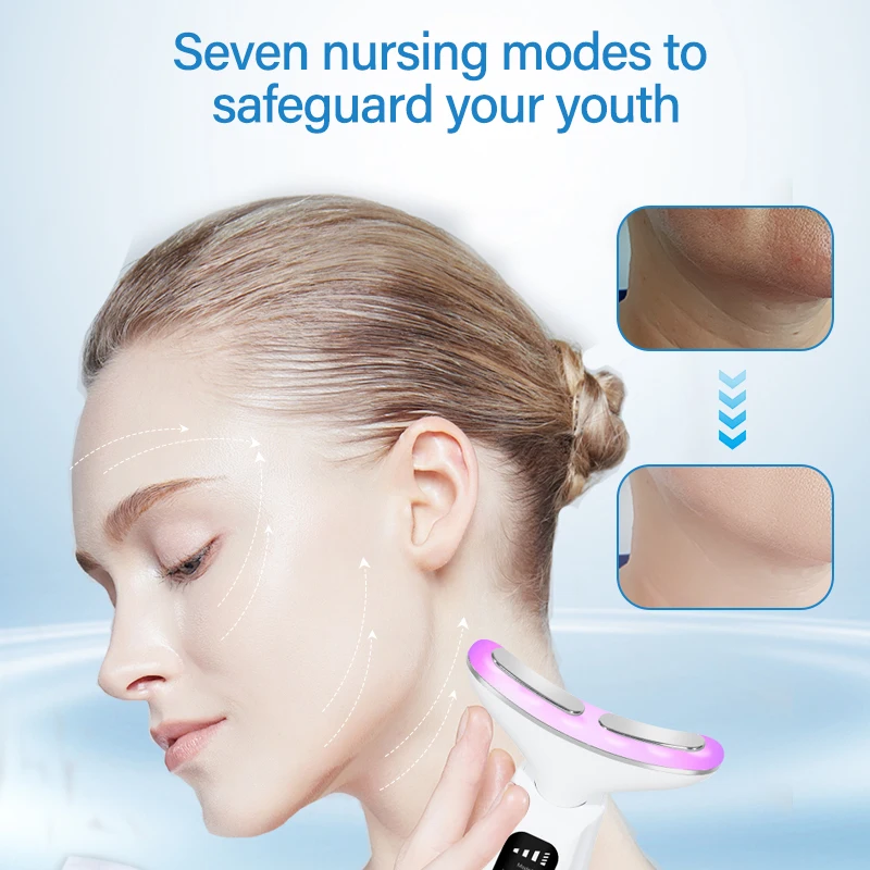 Urządzenie kosmetyczne EMS z mikroprądami do pielęgnacji szyi i twarzy, 7-kolorowy masażer do twarzy dla intensywniej pielęgnacji twarzy, szyi i ramion z funkcją wibracji.